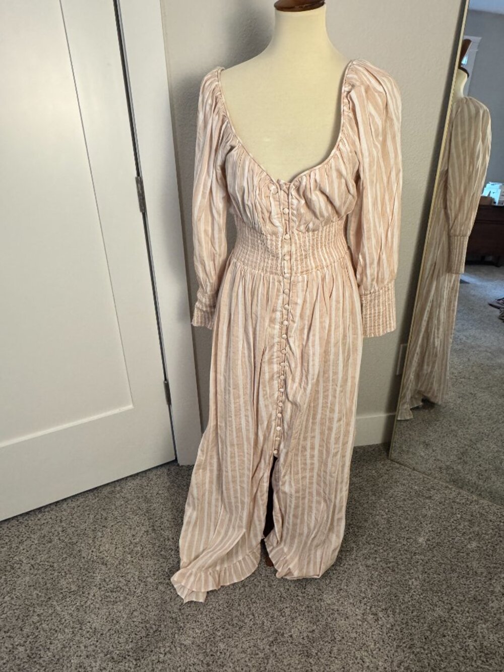 Anthropologie Long Sleeve Sweetheart Midi Dress Neutral Stripe Large
